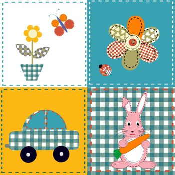 Patchwork design with bunny, car and flowers