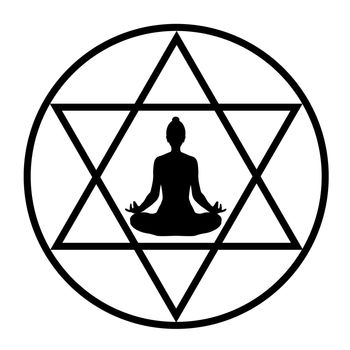 Simple drawing with a yogi in the lotus position in a middle of a stylized pentagram