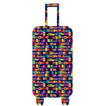 Travel suitcase with colored typography pattern with motivation for traveling