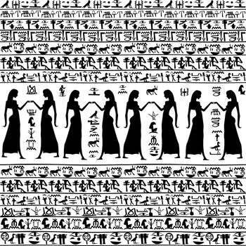 Black and white background with egyptian women and hieroglyphs