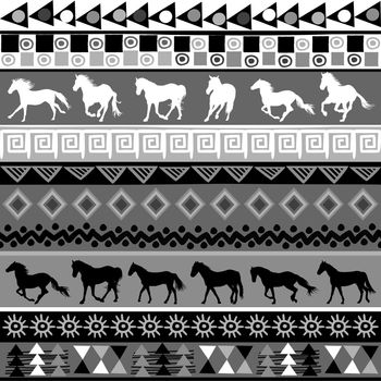 Black and white pattern with ethnic motifs and silhouettes of horses