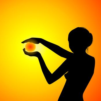 Silhouette of a beautiful woman holding the sun in her hands