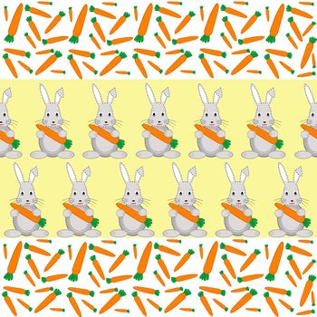 Rabbits and carrots seamless pattern on yellow background