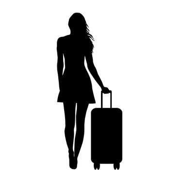 Full length of young female silhouette with travel bag, isolated on white background