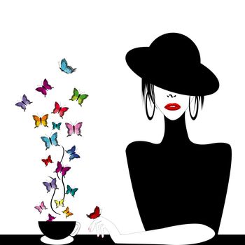 Woman with a cup of buterflies flying