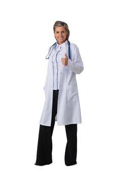 Full length portrait of happy smiling female young doctor with thumb up gesture, isolated on white background