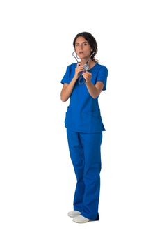 Nurse doctor woman smile with stethoscope, wear blue surgery medical suit. Isolated on white background