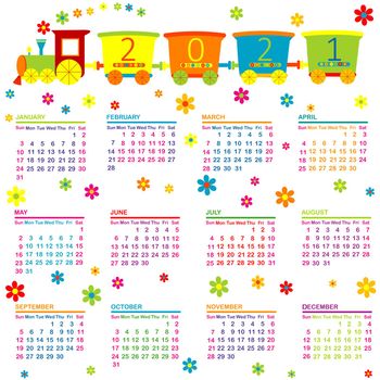 2021 Calendar with toy train and flowers for kids