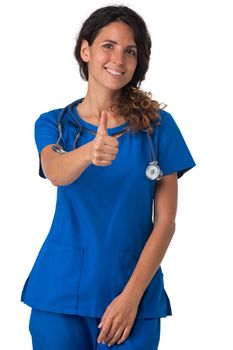 Nurse doctor woman smile with stethoscope hold thumb up, wear blue surgery medical suit. Isolated on white background