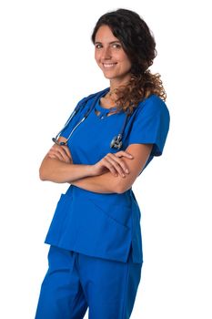 Nurse doctor woman smile with stethoscope stand with arms folded, wear blue surgery medical suit. Isolated on white background