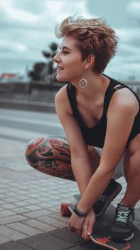 Beautiful young girl with tattoos sits on longboard. She has traditional japanese tattoo