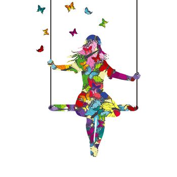 Abstract colorful young woman silhouette who is swinging and butterflies fly around her