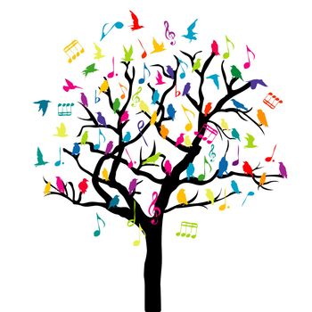 Music concept with colored birds and musical notes on a tree