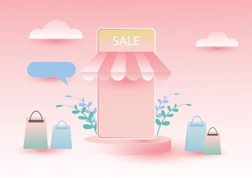 Online shopping concept on the pink background