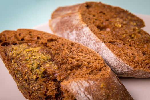 Toasted rye bread in a plate close-up. Morning breakfast.