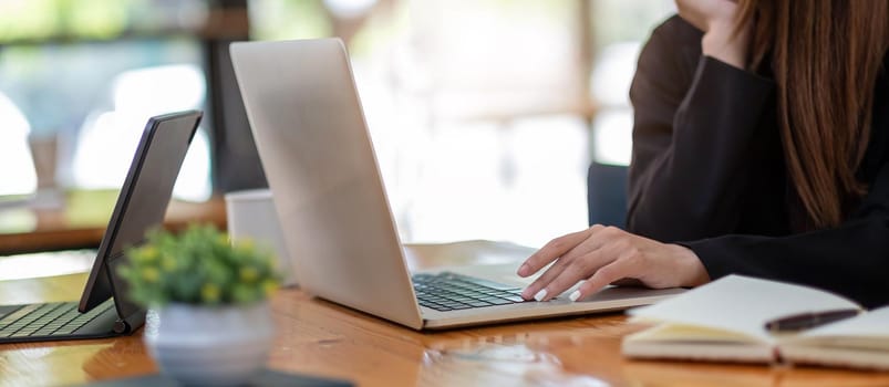 young businesswomen looking through online ideas with computer. Business adviser analyzing financial figures denoting the progress in the work of the company