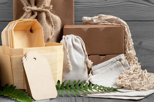 Various Eco friendly packaging made from natural recyclable materials. Environmental protection and waste reduction concept.