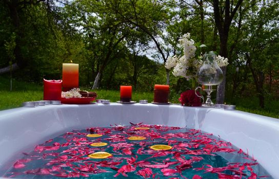 Abstract background with peony flowers and orange slices in a bathtub in a garden