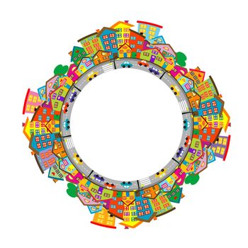 Round city frame with colored cartoon houses