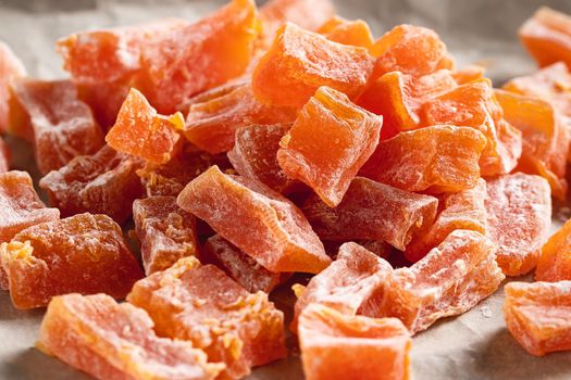 Cooking Natural farm homemade candied pumpkin fruits sprinkled with powdered sugar.