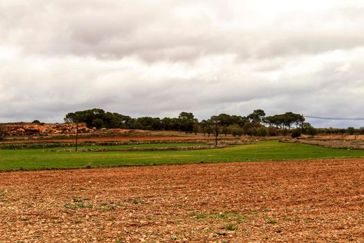 Landscape with cloudy sky and farm field in Castilla La Mancha, Spain