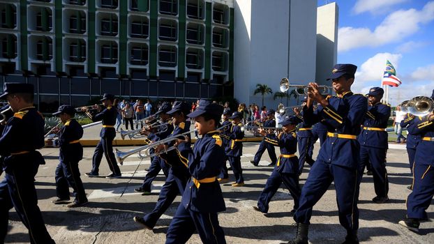 salvador, bahia, brazil - october 14, 2016: Members of the Bahia State Public School's fanfare are seen during a performance at the Centro Administrativo da Bahia in the city of Salvador.