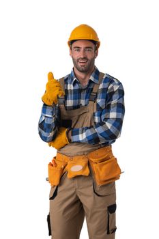 Portrait of construction worker showing thumb up isolated on white background