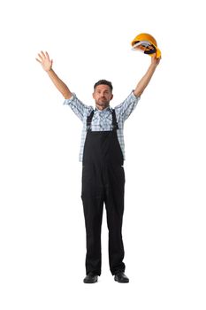 Full length of manual worker with hands raised isolated on white background