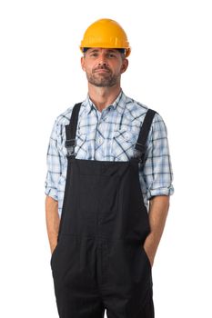 Portrait of a workman in coveralls and yellow hardhat isolated on white background