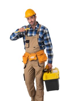 Portrait of construction worker with toolbox and wrench isolated on white background