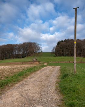 Panoramic landscape along the long distance hiking trail Bergischer Panoramasteig, Bergisches Land, Germany