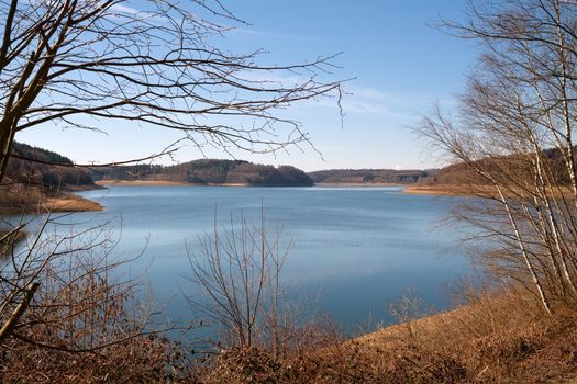Panoramic image of Dhunn water reservoir, Bergisches Land, Germany