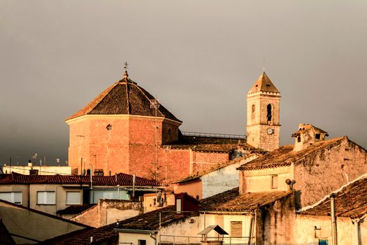 Panoramic of Alborea village at sunrise. Old church in the background