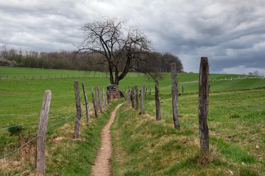 Panoramic landscape along the long distance hiking trail Bergischer Panoramasteig, Bergisches Land, Germany