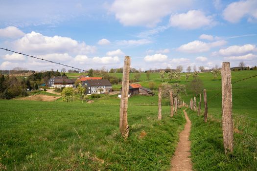 Panoramic landscape along the long distance hiking trail Bergischer Panoramasteig, Bergisches Land, Germany