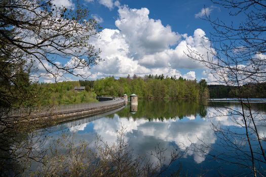 Panoramic image of Neye reservoir with clouds at springtime, Wipperfurth, Bergisches Land, Germany