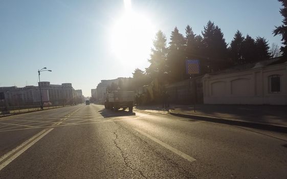 Changes and complications caused by coronavirus epidemy, world without crowds, virus empties streets. No traffic jam, no pollution, empty streets in downtown Bucharest, Romania, 2020