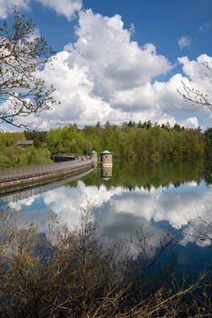 Panoramic image of Neye reservoir with clouds at springtime, Wipperfurth, Bergisches Land, Germany