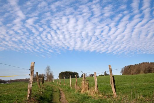 Panoramic landscape along the long distance hiking trail Bergischer Panoramasteig, Bergisches Land, Germany