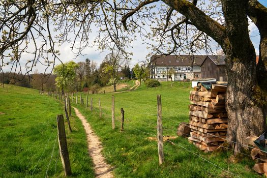 Panoramic landscape along the long distance hiking trail Bergischer Panoramasteig, Bergisches Land, Germany