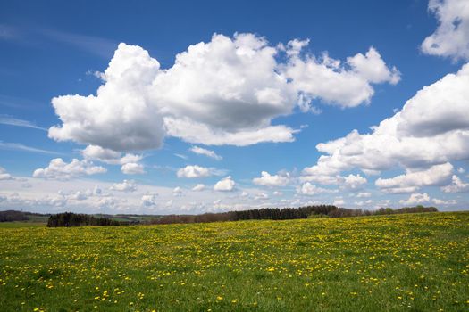 Panoramic landscape of meadow against clouds and blue sky at springtime, Bergisches Land, Germany