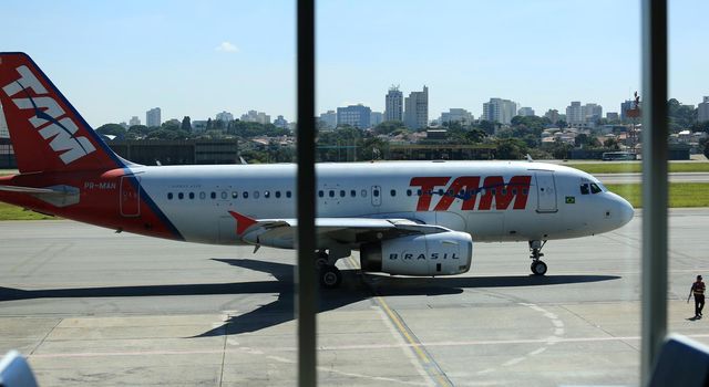 sao paulo, sao paulo, brazil - february 11, 2017: Airbus aircraft of Tam Linhas Aareas is seen in the apron of Congonhas Airport in the city of Sao Paulo.