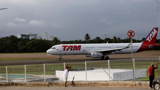 salvador, bahia, brazil - june 14, 2018: Airbus A321 of the company Tam Linhas Aereas is seen on the runway of the airport in the city of Salvador.