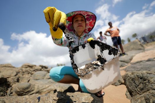 salvador, bahia, brazil - october 20, 2019: volunteers clean up oil at Jardim de Alah beach in the city of Salvador. The site was affected by an oil spill off the coast of Bahia.