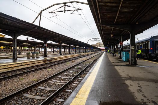 Changes and complications caused by coronavirus COVID-19 virus, world without crowds, empty train platform. No commuters, no travelers at the North Railway Station in Bucharest, Romania, 2020