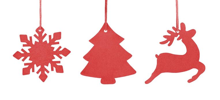 Set of red hanging wooden ornament Christmas tree, snowflake and deer isolated on a white background.