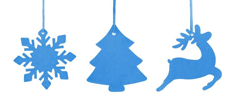 Set of blue hanging wooden ornament Christmas tree, snowflake and deer isolated on a white background.