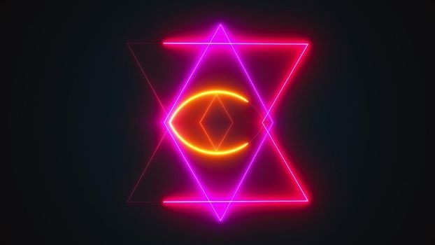 Esoteric 3d render triangle with glowing lines and star david. Occult bright geometric pentacle that ignites in mystical witchcraft fire. Polygonal alchemical talisman with pagan symbols.