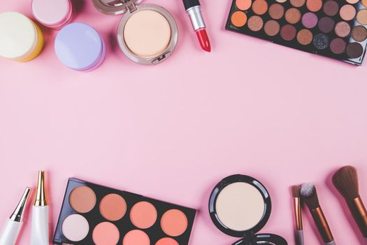 Set of cosmetic makeup tool isolated on pink background, top view, flat lay, brush and lipstick and makeup palette kit, no people, nobody, copy space, group object about beauty, collection make-up.