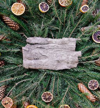 Tree bark piece on green fir-tree branches decorated with dried orange slices and cones. Christmas, New Year winter holiday festive composition in vintage style.